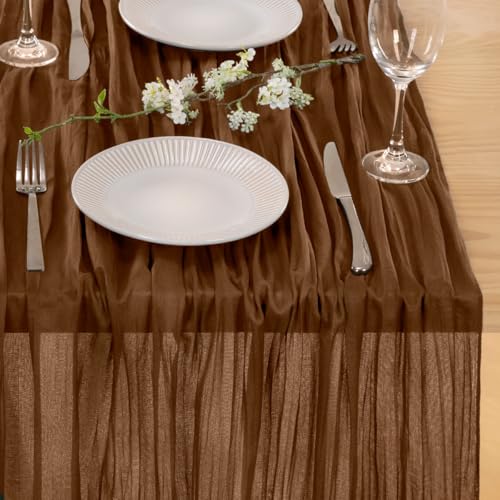 Image of MLMC 2 Pack Brown Cheesecloth Table Runner 10ft Boho Rustic Gauze Coffee Cheese Cloth Table Runner Neutral Centerpiece Decor 35x120 Inches for Wedding Farmhouse Reception Home Decor