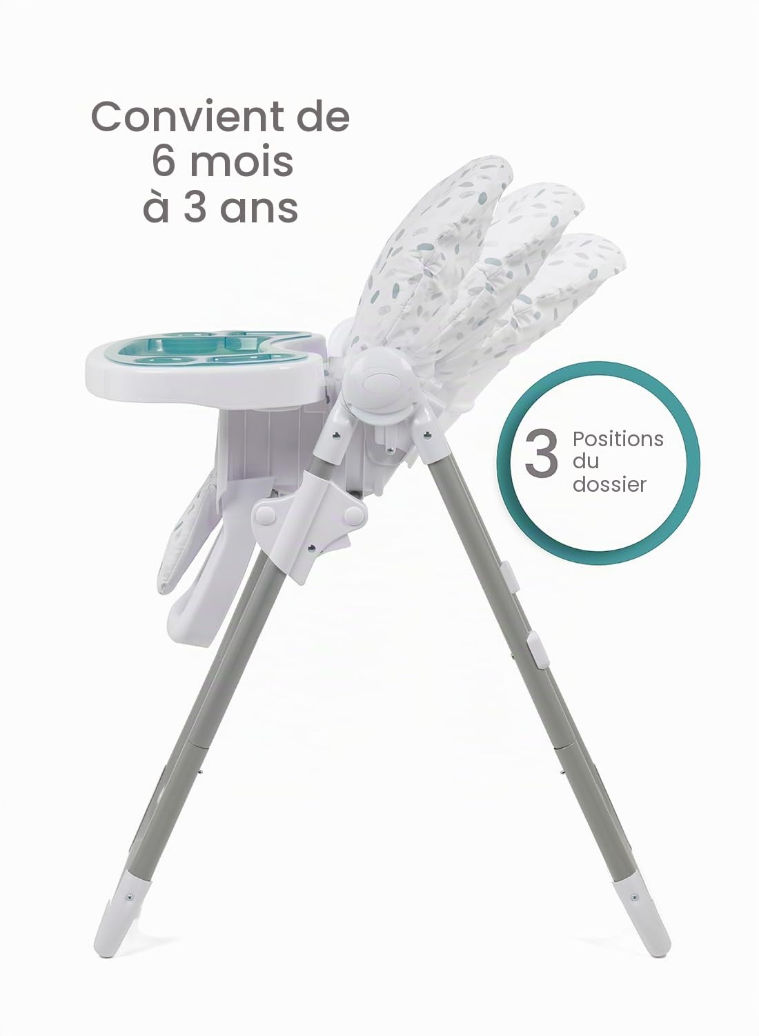 Babylo Hi Lo Chaise haute et chaise junior, 6 hauteurs, 3 positions d'inclinaison, plateau amovible à 2 couches et harnais de sécurité à 5 points de 6 mois à 15 kg