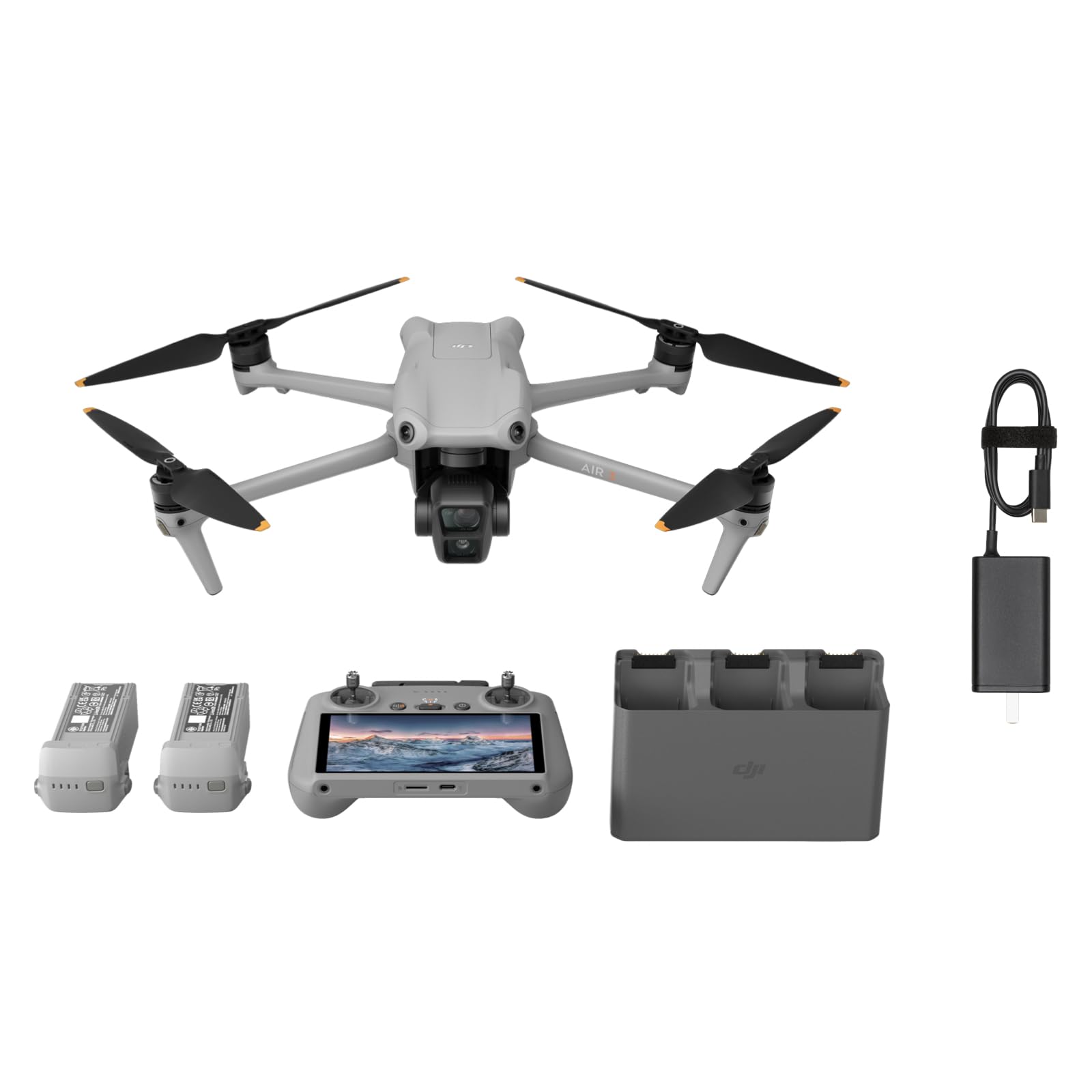 DJI Air 3 Fly More Combo with DJI RC 2 (screen remote controller) + 65W Portable Charger, Drone with Medium Tele & Wide-Angle Dual Primary Cameras for Adults 4K HDR, Two Extra Batteries