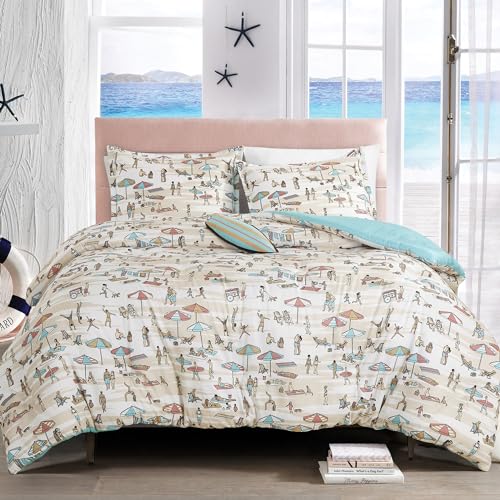 ESCA Coastal Beach Surfing Kids Comforter Set Twin Size Blue Comforter Set with Surf Board Throw Pillow Boys Girls