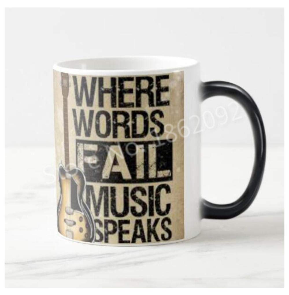 Tazza magica con scritta "Where Words Fail Music Speaks Guitar Coffee Mugs Tea Citation", idea regalo creativa per musicisti