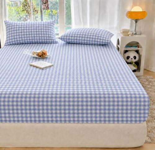 Image of VOMZER Queen Size (60x78) 300 TC Soft Cotton Feel Microfiber All Around Elastic Fitted Double Bedsheet with 2 Pillow Covers | Lavender Check