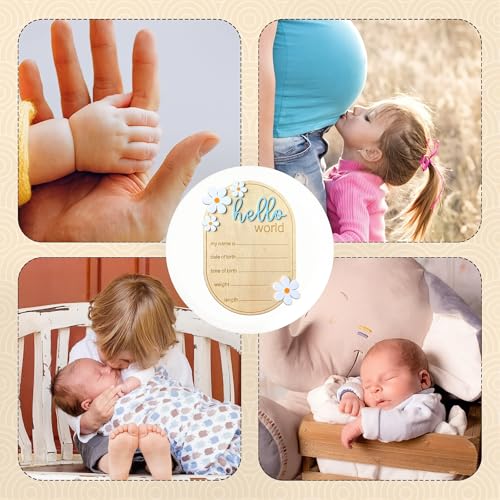 Image of Hello World Newborn Sign, Baby Announcement Sign, Hello World Signs, Newborn Signs Announcement Board for New Baby, Wooden Birth Name Board Decor, Welcome Arrival for Nursery Hospital Girl Boy(Blue)