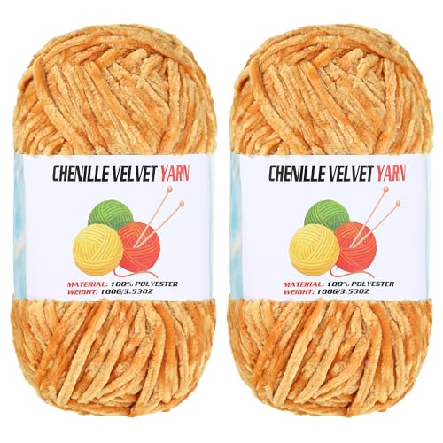 Image of 2 * 100g Velvet Chenille Chunky Yarn, Handcrafts Weaving Soft Chenille Yarn for Crocheting Clearance, Used for Making Baby Yarn Blanket, Clothes, Knitting Creations (Turmeric)