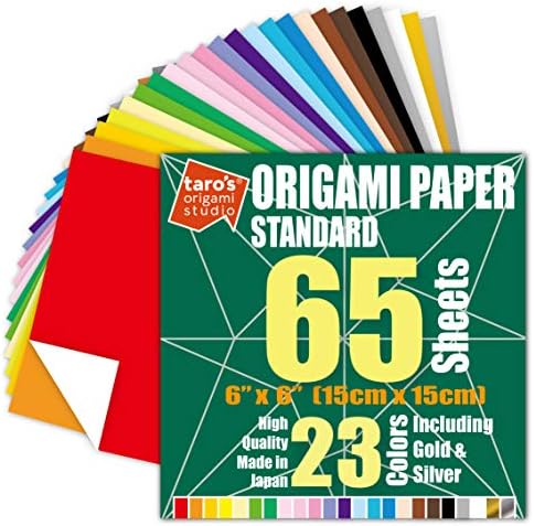 [Taro's Origami Studio] Standard 6 Inch One Sided 23 Colors 65 Sheets Square Easy Fold Premium Japanese Paper for Beginner (Gold and Silver Included)