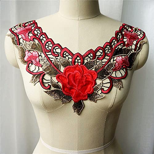 Fleur brodée rouge rose collier de tissu de tissu flora robe de feuilles appliques net coudre sur patch for la décoration de mariage robe DIY Cover