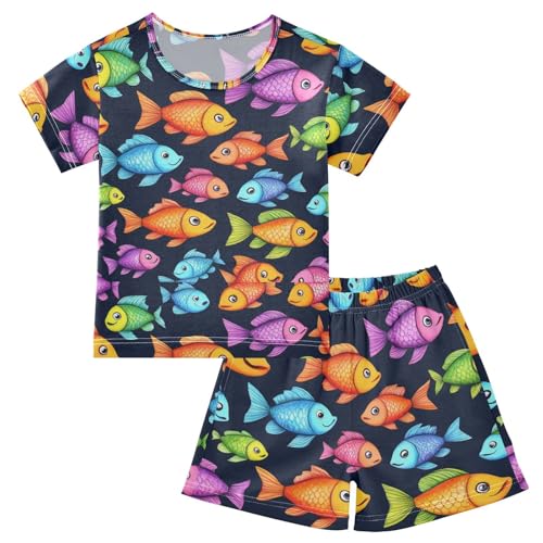 Pajama Short Sets Colorful Fish on Black Soft Cotton Summer Sleepwear 2 Piece PJS Size 5-14T