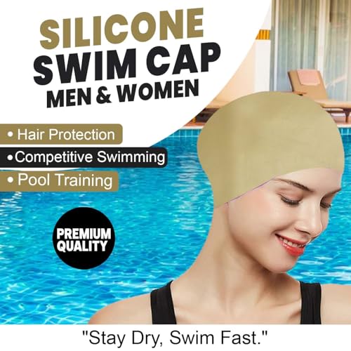 Image of GLAN Silicone Swimming Cap for Kids and Adults Waterproof Swimming Pool Cap for Women and Men (Golden)