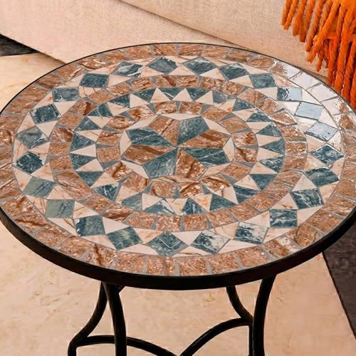 Mesa Auxiliar de Patio de Mosaico Redonda   Mesa de Café para Jardín y Terraza con Patas de Hierro Forjado Antióxido, Mesa Pequeña Decorativa para Exterior e Interior, Ø60x71, Modelo Patrik