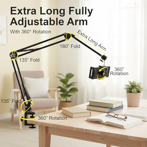 Image of Overhead Video Mobile Stand, New Extra Long Arm, 1 /4 inch Head 2 Way Base clamp, and Bracket for Mobile Phone, for, Overhead Video, Desktop,Bedroom, Office, Black (Extra Long Tab)