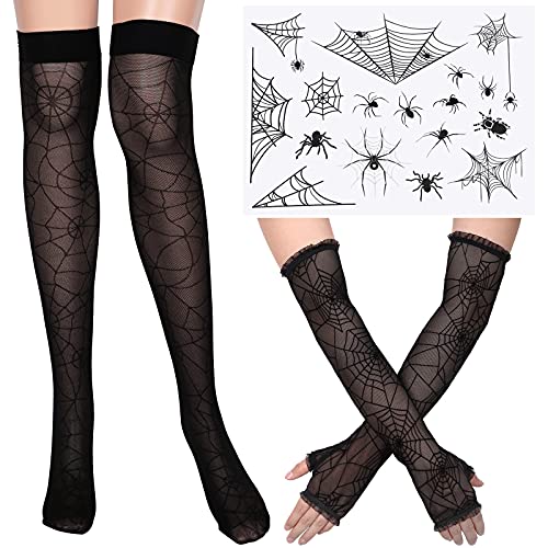 Halloween Spider Web Arm Warmer Long Fingerless Gloves Sheer Spider Web Stockings Spiderweb Thigh High Socks Temporary Spider Face Tattoos Set for Women Costume