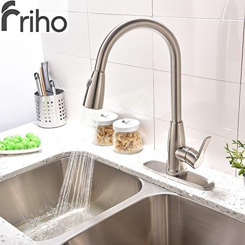 Friho Modern Brushed Nickel High Arc Stainless Steel Pull Down Sprayer Single Handle Kitchen Sink Faucets, Pull Out Kitchen Faucets with Deck Escutcheons