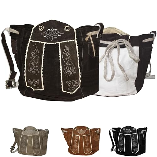 German Wear Trachtentaschen Damen Dirndl Taschen Original Trachten Ledertasche Bestickt Wildleder Dunkelbraun 29H x 28B x 14T cm