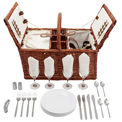 Juvale Picnic Basket for 4-21 x 10.3 x 14.5 in, Brown, Rustic - Wicker Picnic Basket Set with Insulated Cooler Bag, Ceramic Plates, Utensils & Wine Glasses