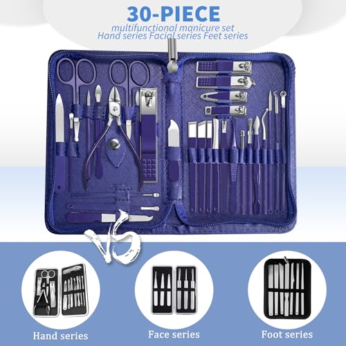 Image of 30Pcs Manicure Pedicure Kit，Nail Clippers Kit Professional and Stainless Steel Nail Care Tools，Toenail Clipper Cutters Men's Accessories Whit Beauty Tools Luxurious Travel Case (Blue)