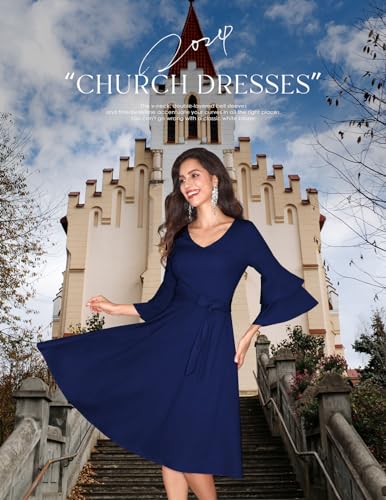 Image of DRESSTELLS Women's Cocktail Dress Summer Wedding Guest Party Vintage 3 /4 Bell Sleeve V Neck A-Line Dress