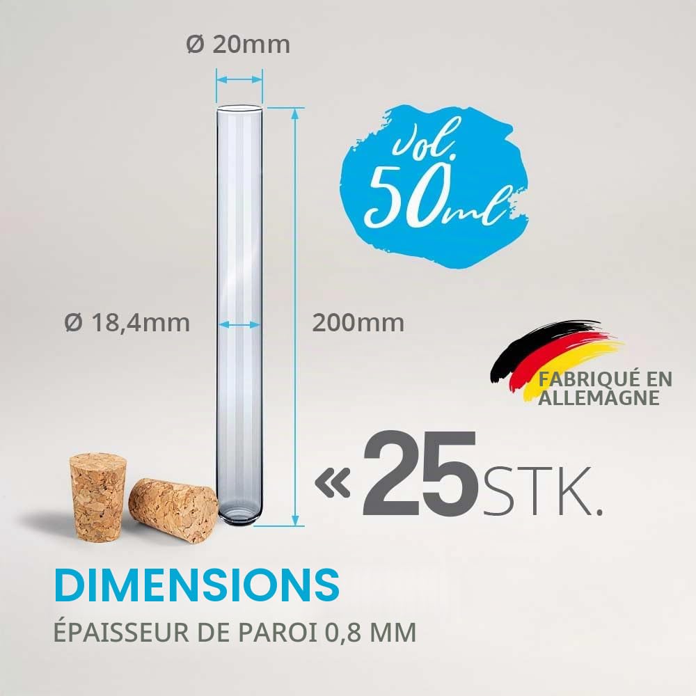 25x Éprouvettes en verre de laboratoire avec des bouchons en liège aggloméré, Tubes à essai, Paroi épaisse (200 x Ø20 mm)
