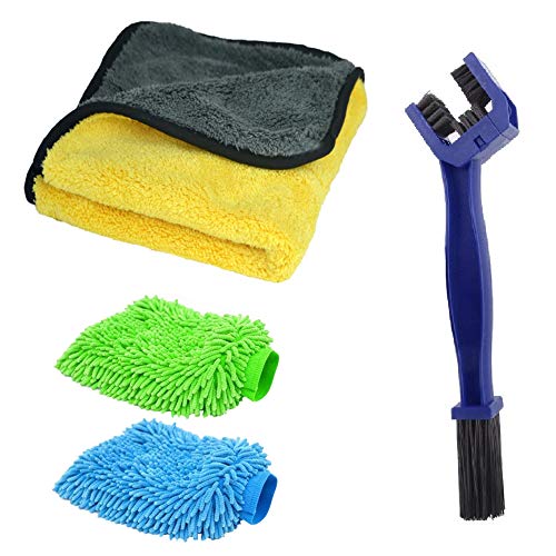 Image of Autofy Multipurpose 4 in 1 Combo Cleaning Kit Dust Cloth Towel Glove Chain Brush for All Vehicles Bike Car Glass Kitchen - 800GSM Towel + Multipurpose Brush + 2 Microfiber Gloves (Multicolour)