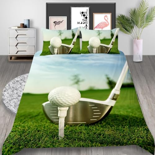 掛け布団カバー クイーン ゴルフ 全開ファスナー 抗菌防臭 防ダニ 通気性 洗い替え速乾 ポリエステル 布団カバーセット (230x210cm) + 2 枕カバー(43x63cm)
