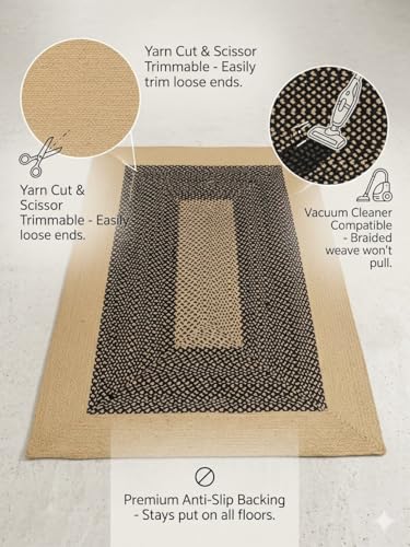 Image of Bhuvan Handloom Natural Cotton Braided - Hand Woven & Reversible for Living Room, Kitchen, Entryway - Cotton Burlap Hallway Braided Farmhouse Rustic Rug (Beige & Black, 3'x5'[Feet], Rectangular)