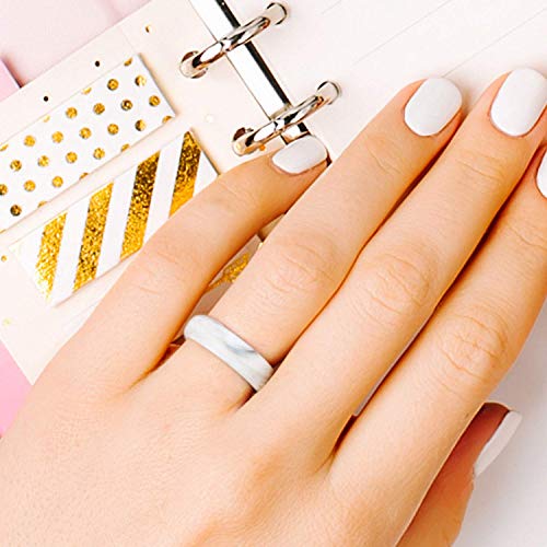 ROQ Silicone Rubber Wedding Ring for Women, Dome Solid Glitter & Metallic, Rubber Wedding Band, 5.5mm Wide 2mm Thick, 4 Pack, Marble White-Black, Marble White-Rose Gold, Black, Rose Gold, Size 11