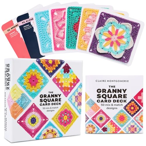 Byffoer Tarjetas de ganchillo Granny Square, 50 unidades, mezcla y diseños combinados, cada cuadrado tiene una tarjeta con texto y foto, folleto práctico incluido
