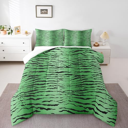 Image of Feelyou Kids King Green Black Bedding Set for Boys Girls - Zebra Stripes Wildlife Comforter Duvet Set With 2 Pillow Cases