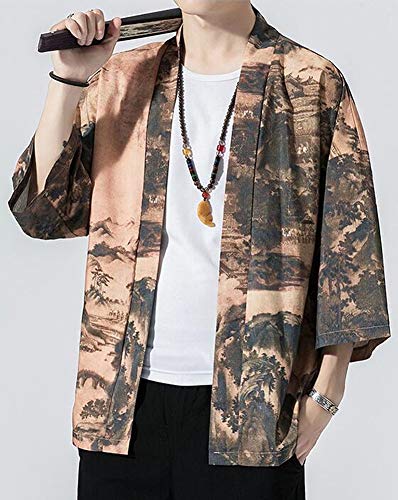 Hotmiss Men's Kimono Cardigan Jacket Japanese Style Flying Crane Seven Sleeves Open Front Coat3