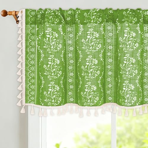 Image of Yinhua Boho Valance Curtains Vintage Linen Green Kitchen Valances for Windows Light Filtering Bohemian Floral Valance Rod Pocket Farmhouse Tassel Window Valances for Bathroom Cafe, 52 inch W X 18 inch L