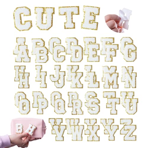 Y.TAO 52PCS White Chenille Letter Patches with Gold Trim - Varsity Style Self Adhesive Appliques for Jackets, Hats, Denim, Backpacks, DIY Fabric Stickers