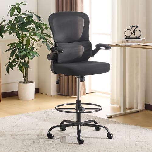 Image of Karl home Ergonomic Drafting Chair, Black | Lumbar Support, Flip-Up Armrests, Adjustable Height Footrest Ring, Breathable Mesh, Tall Swivel