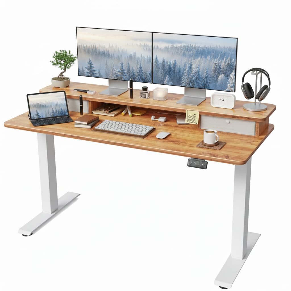 FEZIBO Height Adjustable Electric Standing Desk with Double Drawer, 150 * 60cm Stand Up Table with Storage Shelf, Sit Stand Desk with Splice Board, White Frame/Light Brown Top