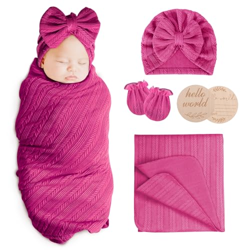Image of AQOKKA Newborn Receiving Blanket with Bow Hat Headband Wooden Card Set Wheat-Pattern Newborns Toddler Baby Boy Girl Nursery Swaddle Wrap
