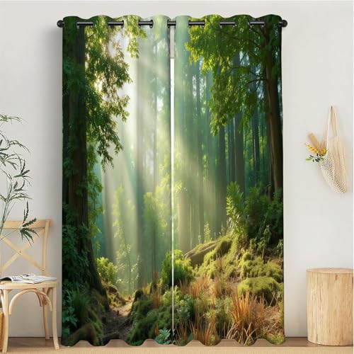 MULERN Cortinas Termicas, Aislantes Frio Cortinas Opacas, Dormitorio 2 Piezas 140An x 245Al cm Bosque Plantas Cortina con Ojales, Cortina Luz Solar Dosel De Árboles Verde para Salon/Comedor