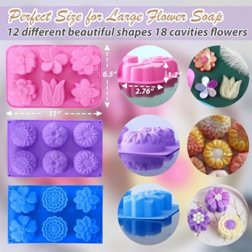 Image of Soap Molds Silicone Flower Shapes 3-Pack, Chocolate Ice Cube Cake Candy Gelatina Rose Molds Bath Bomb Different Floral Molds, Homemade DIY Non-Stick Craft Food Grade Molds BPA Free Tray Molds