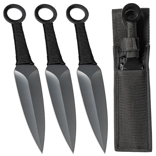 KOSxBO® 3 Expendables Wurfmesser Kunai 22,6 cm - Throwing Knife - schnelles Werfen Messer schwarz Edelstahl - Trainingsmesser - Gürtelmesser - Wurfnadeln Set inklusive Etui