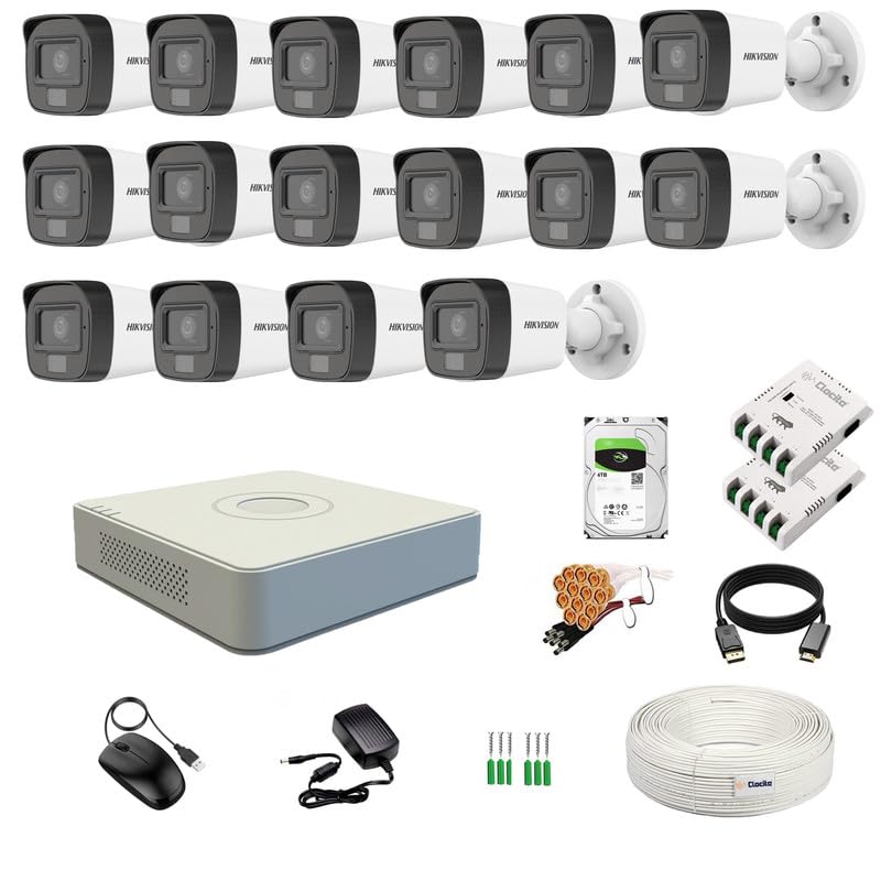 Clocite HIKVISION Full HD 16 CH DVR, 2 MP 16 Bullet Cameras [Color Night Vision + Built-in Audio MIC + Smart Dual Light + Motion Detection] + 4 TB HDD 8 CH SMPS 2 Nos + CCTV Cable + BNC & DC