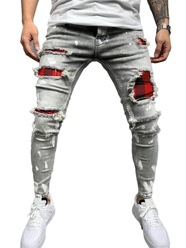 Andongnywell Men's Skinny Moto Biker Ripped Jeans Destroyed Stretch Denim Pants Trousers with Zipper Button Pocket