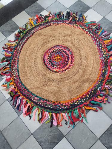 Tapis de sol rond en jute tressé à la main grand format 330x330 cm multicolore