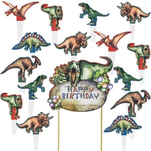 Ouceanwin 25 Piezas Dinosaurio Decoración para Tartas, Dinosaurio Cupcake Toppers Decoración, Guirnalda de Feliz Cumpleaños, Decoración de Fiestas Temáticas de Dinosaurios para Niños