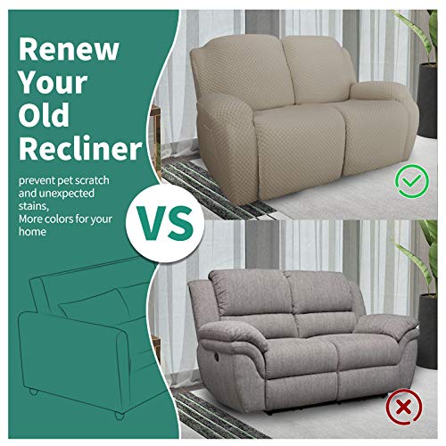 Image of YEMYHOM 6 Pieces Stretch Loveseat Recliner Slipcover Jacquard Recliner Sofa Cover with Side Pocket Fitted Recliner Cover Couch Furniture Protector with Elastic Bottom (Medium, Khaki)