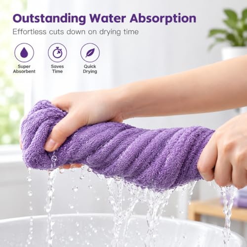 Image of Hair Towel Wrap for Women-Quick Drying Microfiber Towel for Hair with Elastic Loop for Tying-Super Absorbent Head Towels Wrap for Ladies Hair Turban (Pack 1, Purple)