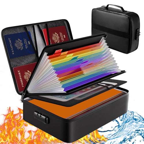 Caja Fuerte Ignífuga con Cerradura, Organizador de Documentos Importantes, Resistente al Agua, Maletín Portátil para Documentos con Bolsa Organizadora de Varias Capas para Archivos, Pasaporte
