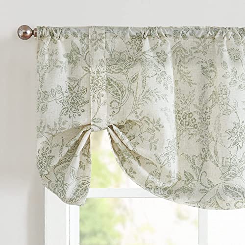 Lazzzy Kitchen Tie Up Valance Curtain Linen Floral Farmhouse Valance For Living Room Bathroom Bedroom Country Valances Window Treatments Small Cafe Curtian 20 Inch Rod Pocket 1 Panel Green On Beige #TOP10