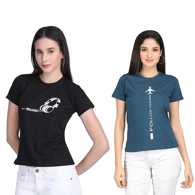Image of Women's Slim Fit Graphic Printed T-Shirt | Soft 100% Cotton Fabric | Round Neck Half Sleeve Casual Top, Travel & College Pack of 2 Set