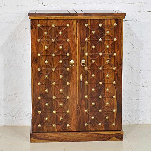Image of Solid Sheesham Wood Bar Unit Cabinet With Storage Bottle Shelve & Built-in Glass Holder Brass Studs Drink Wine Rack Organizer For Living Room Home & Lounge Dining Cupboard Liquor Furniture