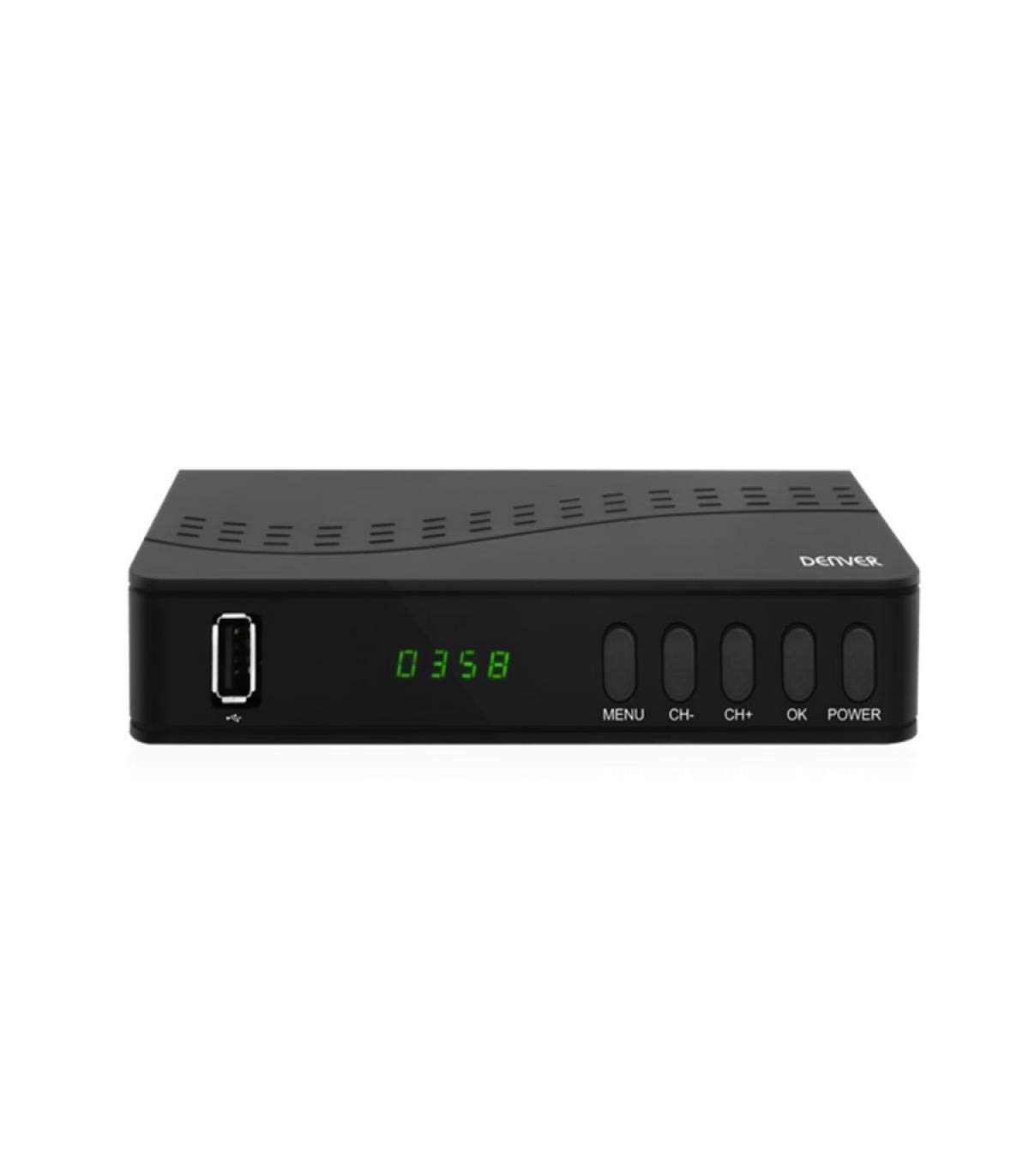 Receptor TDT Denver DTB-140. Decodificador digital terrestre DVB-T2. Alta definición. Mando a distancia. Conexiones: HMDI, USB, euroconector, coaxial, RF.