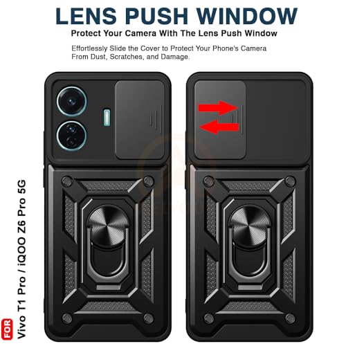 Image of Armor Bumper Back Cover Case for Vivo T1 Pro 5G / iQOO Z6 Pro 5G | Rotating Camera Cover, Ring Holder & Kickstand | Heavy Duty & 360 Degree Protection Back Cover (Black)