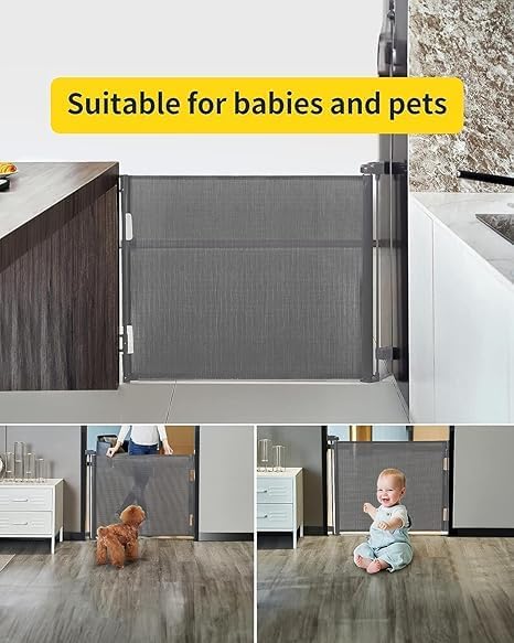 Image of Retractable Baby Gate, Extra Wide Safety Kids or Pets Gate,Tall Extends Wide, Mesh Safety Dog Gate for Stairs, Indoor, Outdoor, Doorways, Hallways (Grey, 33 inchx55 inch)