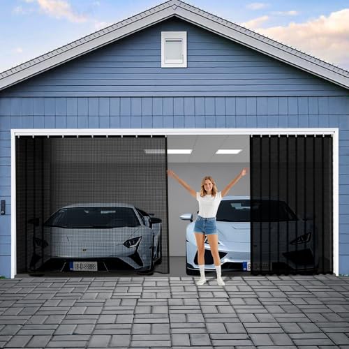 Sliding Garage Door Screen 2 Car with Track Closure,16x7Ft Garage Door Retractable Privacy Curtain...